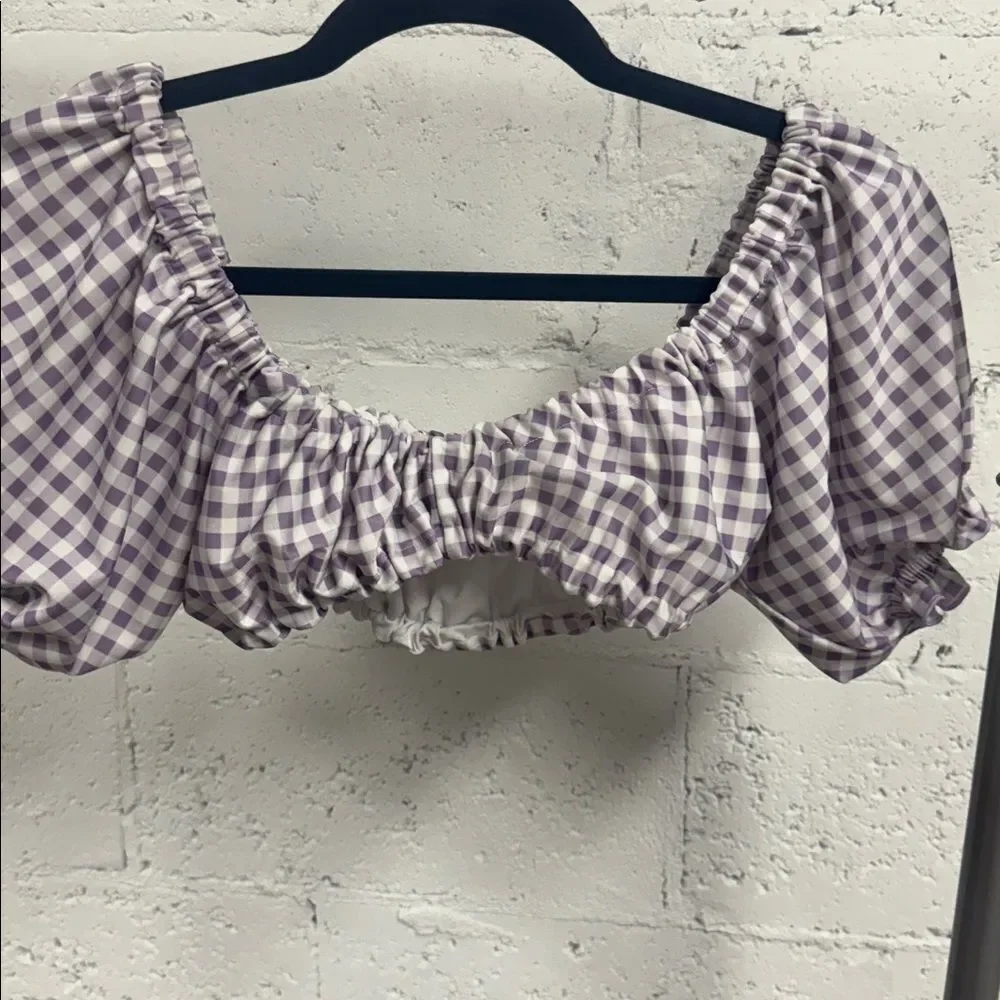 Cheeky Lilac Checkered Bikini Set Cute Off Shoulder Top Size Medium Bottom Large